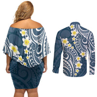 Plumeria With Blue Polynesian Tattoo Pattern Couples Matching Off Shoulder Short Dress and Long Sleeve Button Shirt LT05 - Polynesian Pride