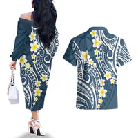 Plumeria With Blue Polynesian Tattoo Pattern Couples Matching Off The Shoulder Long Sleeve Dress and Hawaiian Shirt LT05 - Polynesian Pride