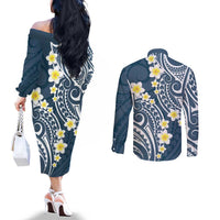 Plumeria With Blue Polynesian Tattoo Pattern Couples Matching Off The Shoulder Long Sleeve Dress and Long Sleeve Button Shirt LT05 - Polynesian Pride