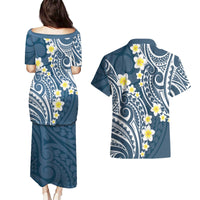 Plumeria With Blue Polynesian Tattoo Pattern Couples Matching Puletasi and Hawaiian Shirt LT05 - Polynesian Pride