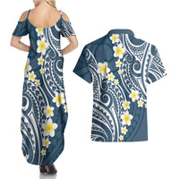 Plumeria With Blue Polynesian Tattoo Pattern Couples Matching Summer Maxi Dress and Hawaiian Shirt LT05 - Polynesian Pride