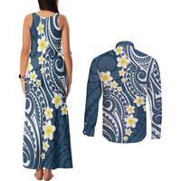 Plumeria With Blue Polynesian Tattoo Pattern Couples Matching Tank Maxi Dress and Long Sleeve Button Shirt LT05 - Polynesian Pride