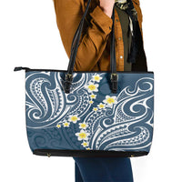 Plumeria With Blue Polynesian Tattoo Pattern Leather Tote Bag LT05 - Polynesian Pride