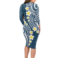 Plumeria With Blue Polynesian Tattoo Pattern Long Sleeve Bodycon Dress