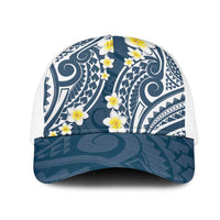 Plumeria With Blue Polynesian Tattoo Pattern Mesh Trucker Cap LT05 One Size White Blue - Polynesian Pride