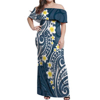 Plumeria With Blue Polynesian Tattoo Pattern Off Shoulder Maxi Dress LT05 Women Blue - Polynesian Pride