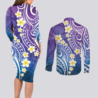 Plumeria With Galaxy Polynesian Tattoo Pattern Couples Matching Long Sleeve Bodycon Dress and Long Sleeve Button Shirt LT05 - Polynesian Pride