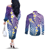 Plumeria With Galaxy Polynesian Tattoo Pattern Couples Matching Off The Shoulder Long Sleeve Dress and Long Sleeve Button Shirt LT05 - Polynesian Pride