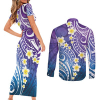 Plumeria With Galaxy Polynesian Tattoo Pattern Couples Matching Short Sleeve Bodycon Dress and Long Sleeve Button Shirt LT05 - Polynesian Pride