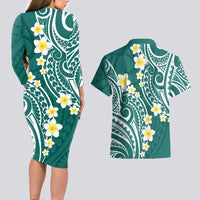 Plumeria With Teal Polynesian Tattoo Pattern Couples Matching Long Sleeve Bodycon Dress and Hawaiian Shirt LT05 - Polynesian Pride