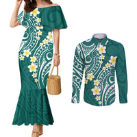 Plumeria With Teal Polynesian Tattoo Pattern Couples Matching Mermaid Dress and Long Sleeve Button Shirt LT05 Teal - Polynesian Pride