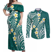 Plumeria With Teal Polynesian Tattoo Pattern Couples Matching Off Shoulder Maxi Dress and Long Sleeve Button Shirt LT05 Teal - Polynesian Pride