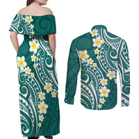 Plumeria With Teal Polynesian Tattoo Pattern Couples Matching Off Shoulder Maxi Dress and Long Sleeve Button Shirt LT05 - Polynesian Pride