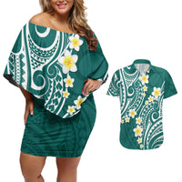 Plumeria With Teal Polynesian Tattoo Pattern Couples Matching Off Shoulder Short Dress and Hawaiian Shirt LT05 Teal - Polynesian Pride
