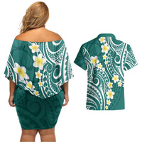 Plumeria With Teal Polynesian Tattoo Pattern Couples Matching Off Shoulder Short Dress and Hawaiian Shirt LT05 - Polynesian Pride