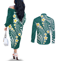 Plumeria With Teal Polynesian Tattoo Pattern Couples Matching Off The Shoulder Long Sleeve Dress and Long Sleeve Button Shirt LT05 - Polynesian Pride