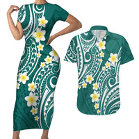 Plumeria With Teal Polynesian Tattoo Pattern Couples Matching Short Sleeve Bodycon Dress and Hawaiian Shirt LT05 Teal - Polynesian Pride