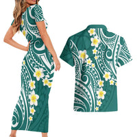 Plumeria With Teal Polynesian Tattoo Pattern Couples Matching Short Sleeve Bodycon Dress and Hawaiian Shirt LT05 - Polynesian Pride