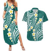 Plumeria With Teal Polynesian Tattoo Pattern Couples Matching Summer Maxi Dress and Hawaiian Shirt LT05 Teal - Polynesian Pride