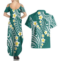Plumeria With Teal Polynesian Tattoo Pattern Couples Matching Summer Maxi Dress and Hawaiian Shirt LT05 - Polynesian Pride