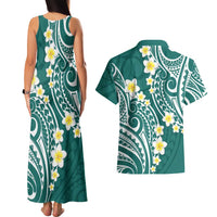Plumeria With Teal Polynesian Tattoo Pattern Couples Matching Tank Maxi Dress and Hawaiian Shirt LT05 - Polynesian Pride
