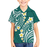 Plumeria With Teal Polynesian Tattoo Pattern Kid Hawaiian Shirt