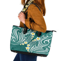 Plumeria With Teal Polynesian Tattoo Pattern Leather Tote Bag LT05 Teal - Polynesian Pride