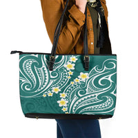 Plumeria With Teal Polynesian Tattoo Pattern Leather Tote Bag LT05 - Polynesian Pride