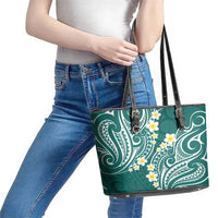 Plumeria With Teal Polynesian Tattoo Pattern Leather Tote Bag LT05 - Polynesian Pride