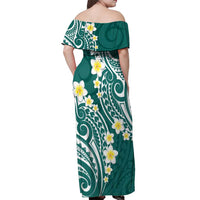 Plumeria With Teal Polynesian Tattoo Pattern Off Shoulder Maxi Dress LT05 - Polynesian Pride