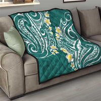 Plumeria With Teal Polynesian Tattoo Pattern Quilt