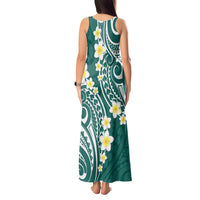 Plumeria With Teal Polynesian Tattoo Pattern Tank Maxi Dress LT05 - Polynesian Pride