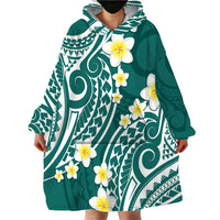 Plumeria With Teal Polynesian Tattoo Pattern Wearable Blanket Hoodie LT05 - Polynesian Pride
