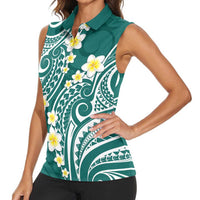 Plumeria With Teal Polynesian Tattoo Pattern Women Sleeveless Polo Shirt