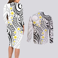 Plumeria With White Polynesian Tattoo Pattern Couples Matching Long Sleeve Bodycon Dress and Long Sleeve Button Shirt LT05 - Polynesian Pride