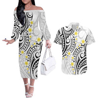 Plumeria With White Polynesian Tattoo Pattern Couples Matching Off The Shoulder Long Sleeve Dress and Hawaiian Shirt LT05 White - Polynesian Pride