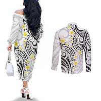 Plumeria With White Polynesian Tattoo Pattern Couples Matching Off The Shoulder Long Sleeve Dress and Long Sleeve Button Shirt LT05 - Polynesian Pride