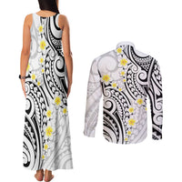 Plumeria With White Polynesian Tattoo Pattern Couples Matching Tank Maxi Dress and Long Sleeve Button Shirt LT05 - Polynesian Pride