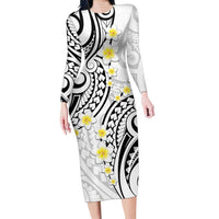Plumeria With White Polynesian Tattoo Pattern Family Matching Long Sleeve Bodycon Dress and Hawaiian Shirt LT05 Mom's Dress White - Polynesian Pride