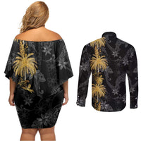 Hawaiian Honu And Surfboards Couples Matching Off Shoulder Short Dress and Long Sleeve Button Shirt Gold Style LT05 - Polynesian Pride
