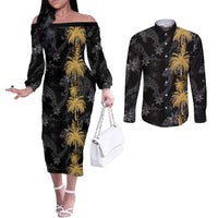 Hawaiian Honu And Surfboards Couples Matching Off The Shoulder Long Sleeve Dress and Long Sleeve Button Shirt Gold Style LT05 Gold - Polynesian Pride