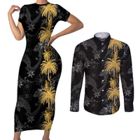 Hawaiian Honu And Surfboards Couples Matching Short Sleeve Bodycon Dress and Long Sleeve Button Shirt Gold Style LT05 Gold - Polynesian Pride