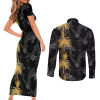 Hawaiian Honu And Surfboards Couples Matching Short Sleeve Bodycon Dress and Long Sleeve Button Shirt Gold Style LT05 - Polynesian Pride