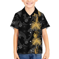 Hawaiian Honu And Surfboards Family Matching Off The Shoulder Long Sleeve Dress and Hawaiian Shirt Gold Style - Polynesian Pride