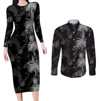 Hawaiian Honu And Surfboards Couples Matching Long Sleeve Bodycon Dress and Long Sleeve Button Shirt Silver Style LT05 Silver - Polynesian Pride
