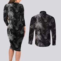 Hawaiian Honu And Surfboards Couples Matching Long Sleeve Bodycon Dress and Long Sleeve Button Shirt Silver Style LT05 - Polynesian Pride
