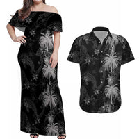 Hawaiian Honu And Surfboards Couples Matching Off Shoulder Maxi Dress and Hawaiian Shirt Silver Style LT05 Silver - Polynesian Pride