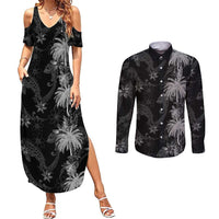 Hawaiian Honu And Surfboards Couples Matching Summer Maxi Dress and Long Sleeve Button Shirt Silver Style LT05 Silver - Polynesian Pride