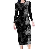 Hawaiian Honu And Surfboards Family Matching Long Sleeve Bodycon Dress and Hawaiian Shirt Silver Style - Polynesian Pride