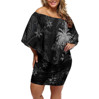 Hawaiian Honu And Surfboards Family Matching Off Shoulder Short Dress and Hawaiian Shirt Silver Style LT05 Mom's Dress Silver - Polynesian Pride